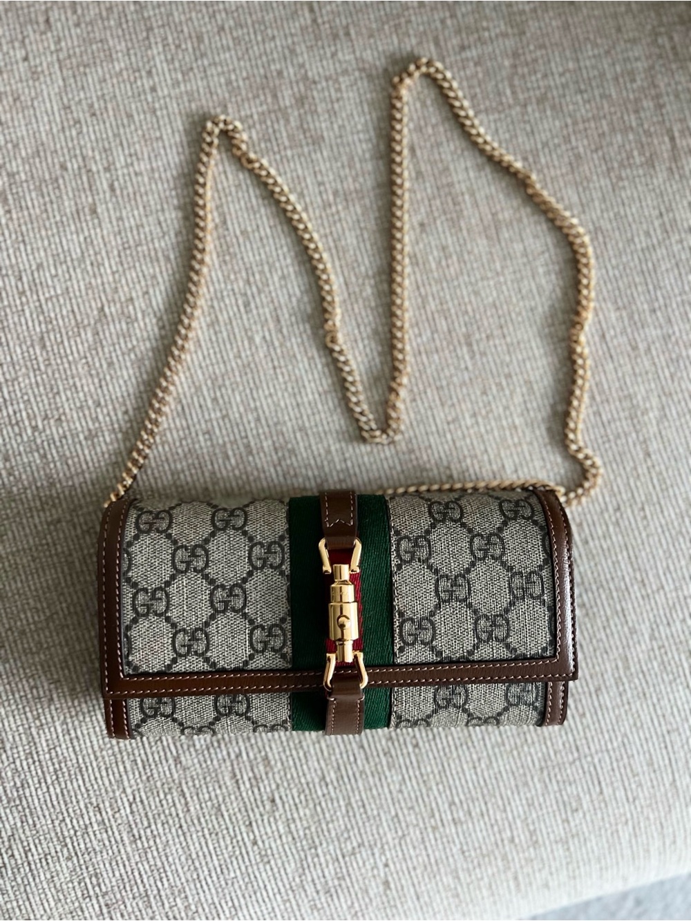 Gucci GG Supreme Chain Wallet Crossbody with Green Web and Brown Trim